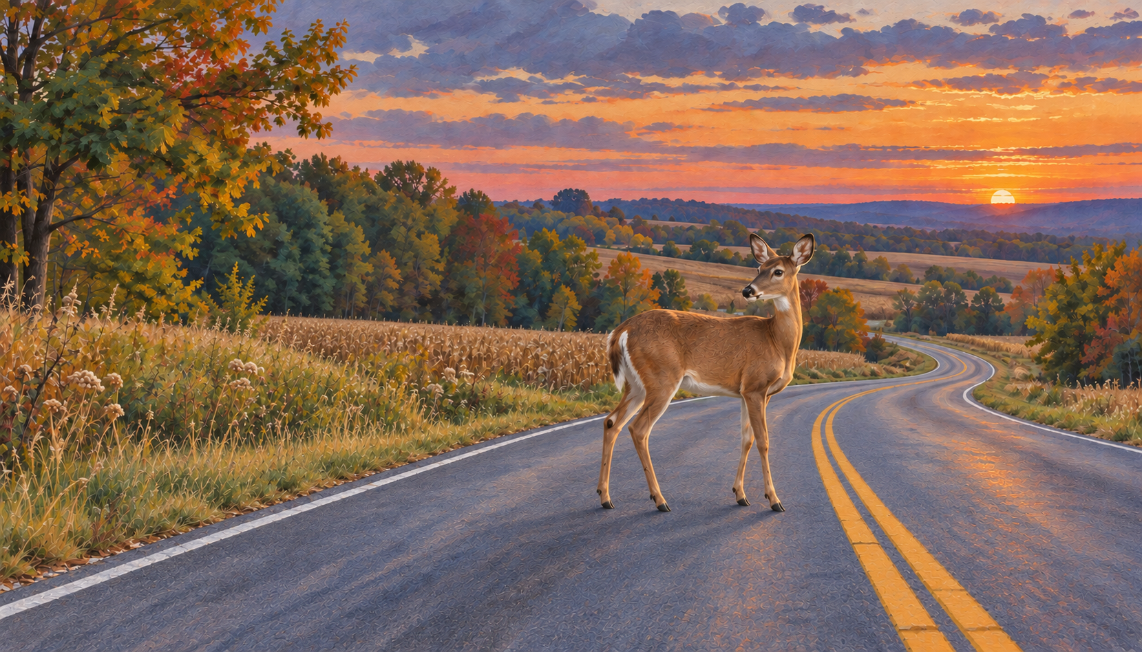 Illustration of a white-tailed doe standing in the middle of a rural road at autumn dusk, looking to the side.
