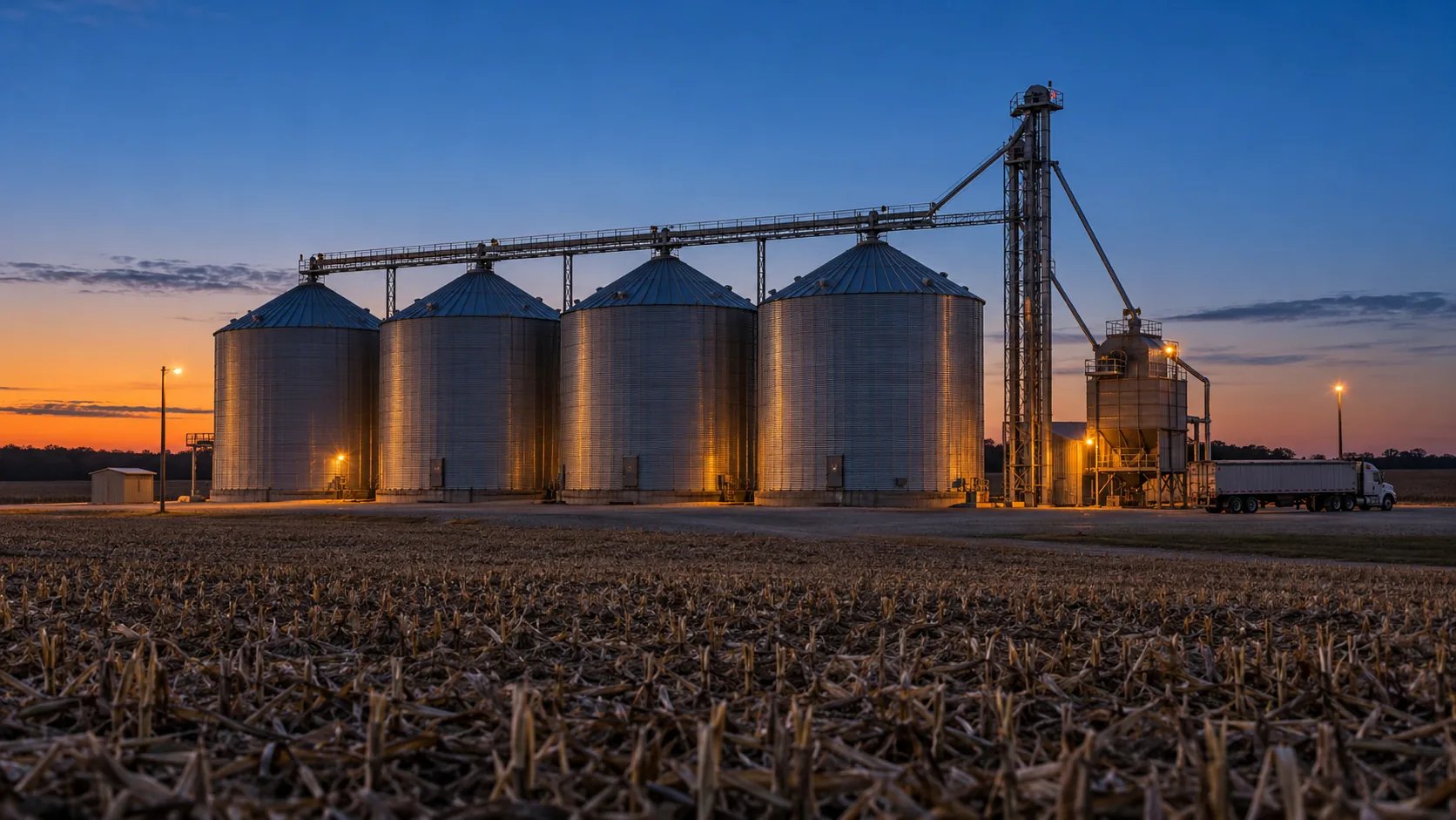 A row of four grain bins with a dryer and elevator leg lit up at dusk, with a grain truck parked nearby.