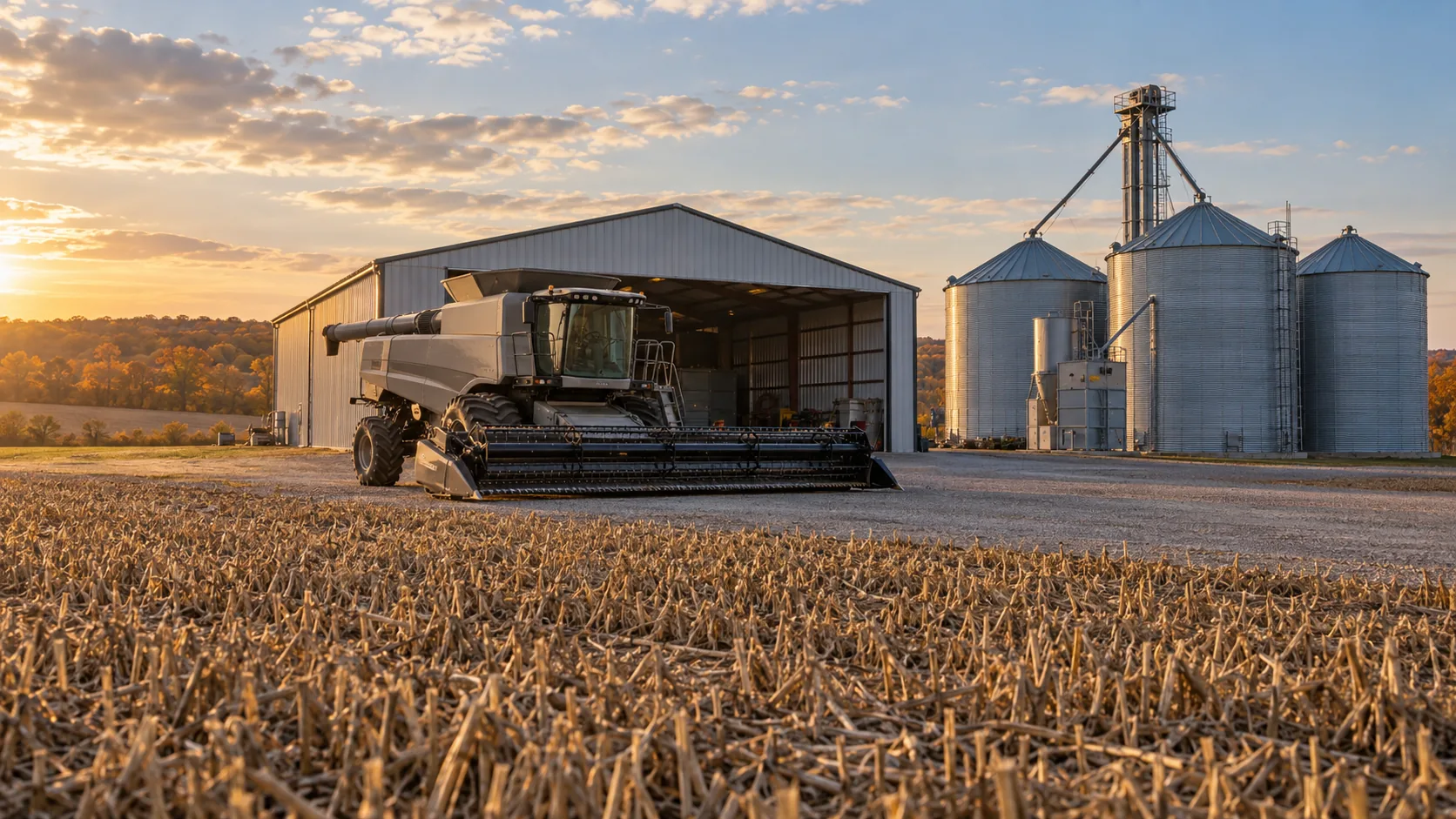 A combine parked in front of an open machinery shed beside grain bins at sunset, with harvested stubble in the foreground.
