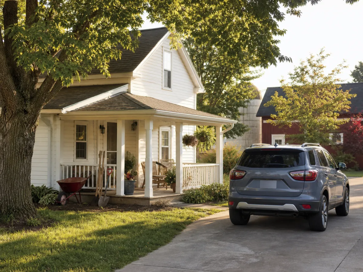 A modest Midwest home and family vehicle in a sunny driveway