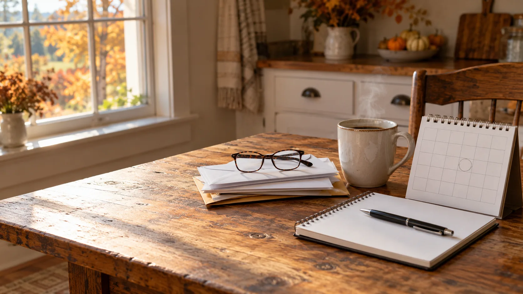 A farmhouse kitchen table in warm autumn light with a stack of unopened envelopes, reading glasses, a cup of coffee, a notepad, and a desk calendar with one day circled.