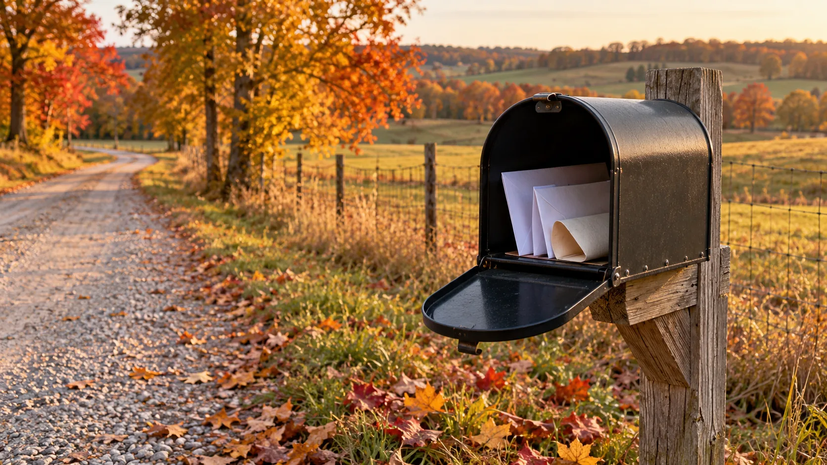 An open rural mailbox holding a few envelopes beside a gravel lane lined with fall trees.