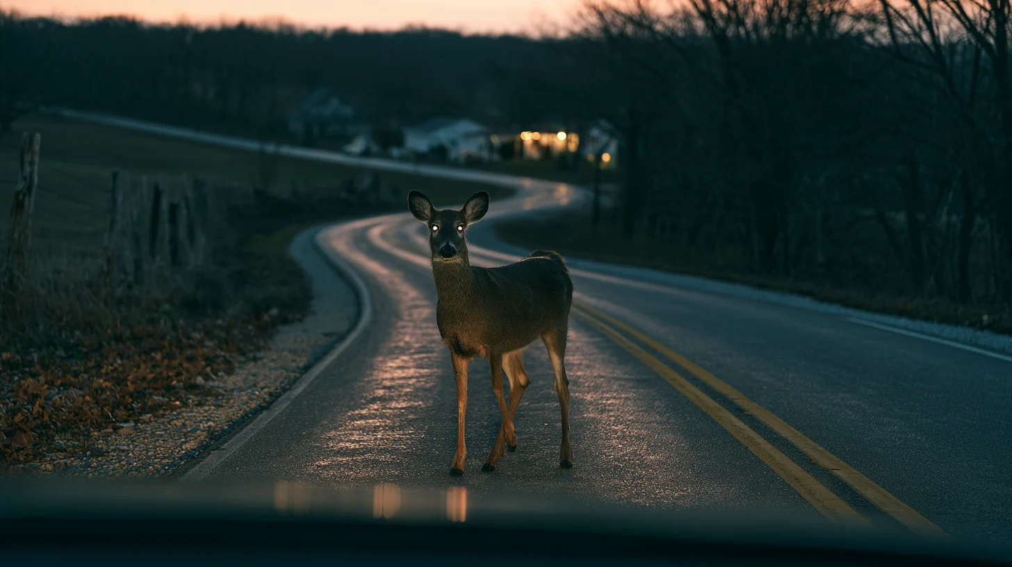 A white-tailed deer stands in the center of a winding rural Missouri road at dusk, illuminated by headlights.
