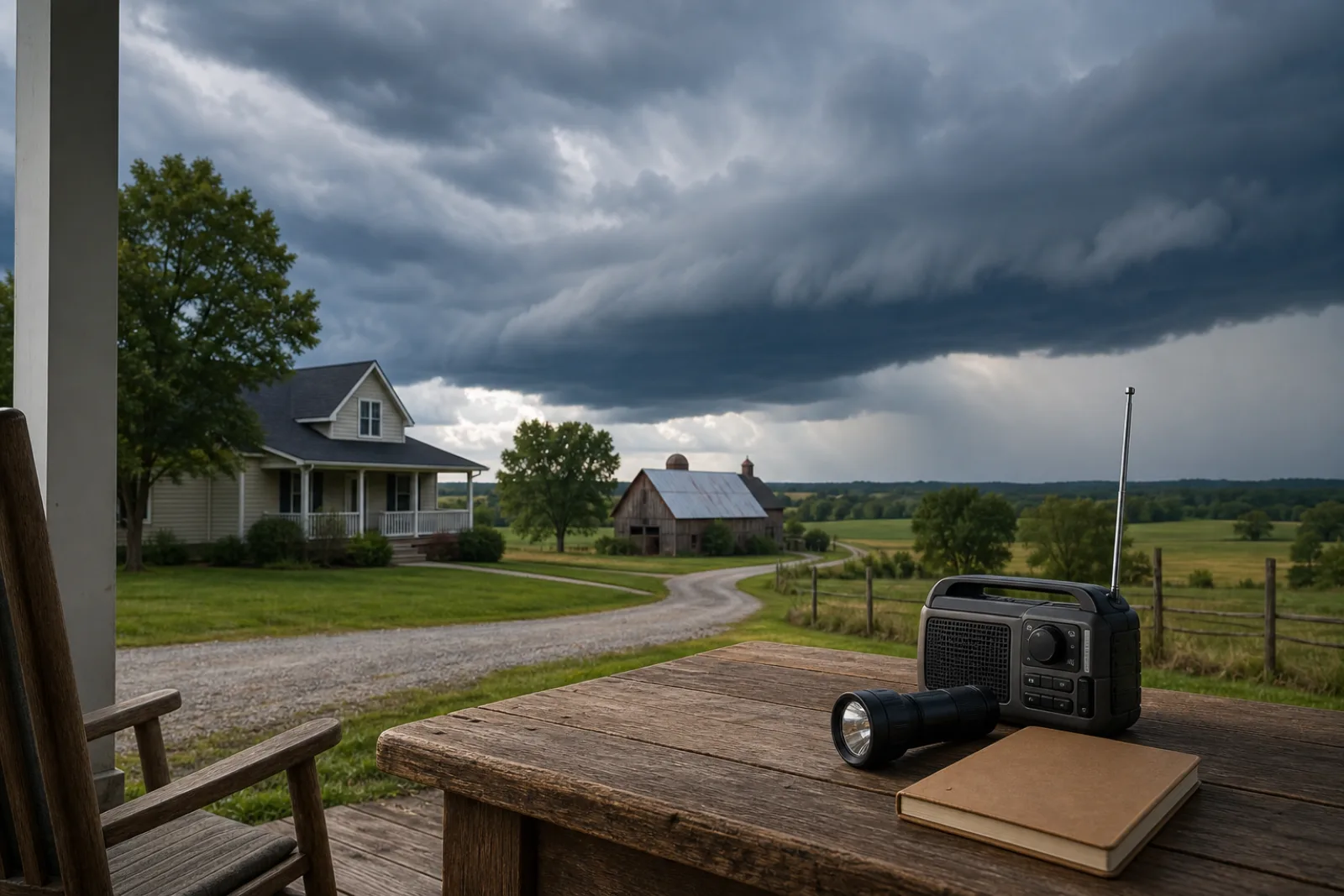 A flashlight, weather radio, and blank notebook on a porch as storm clouds approach a rural Missouri home
