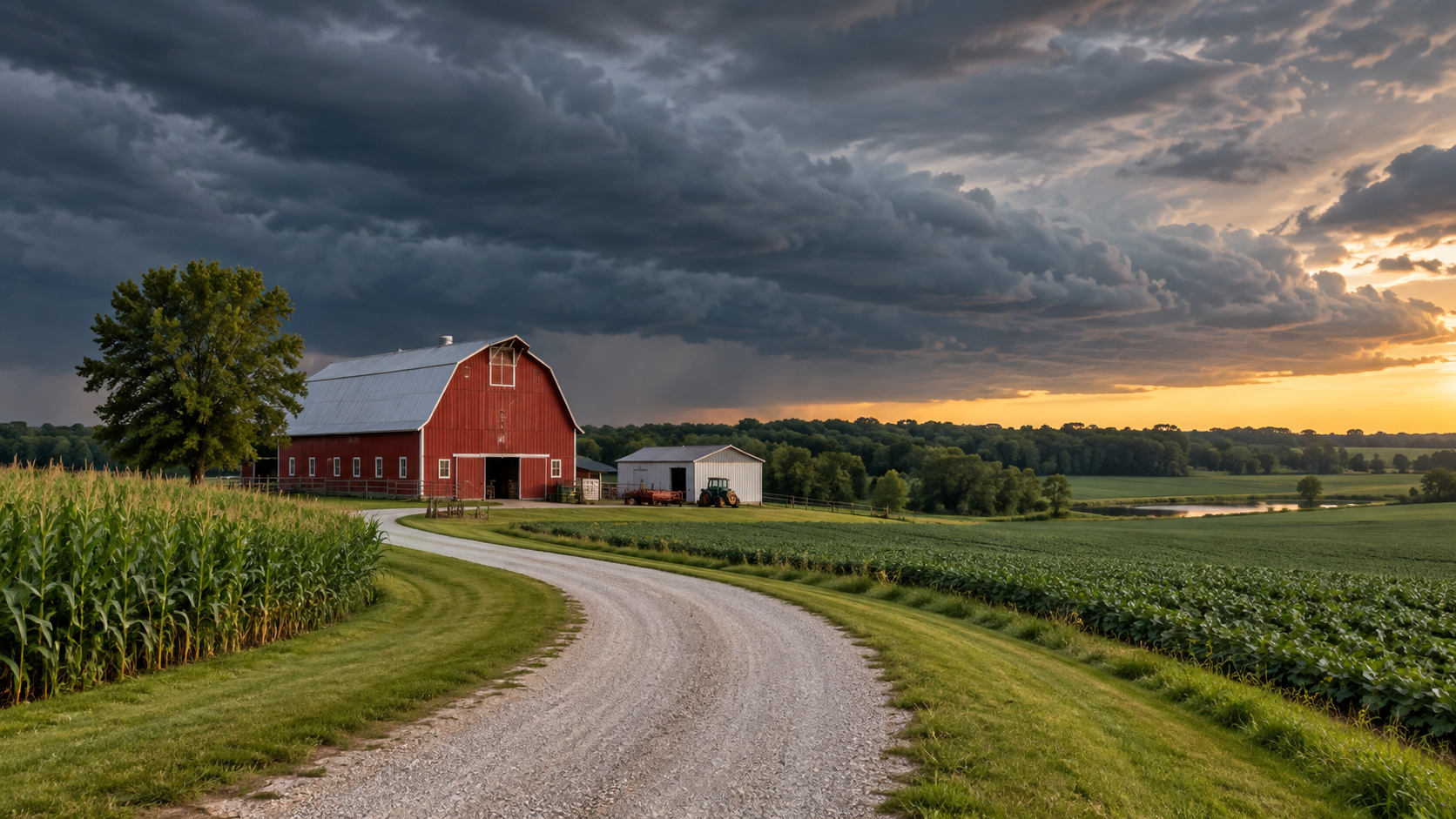 Illustration of a red barn and Missouri-style farmland beneath an approaching storm front